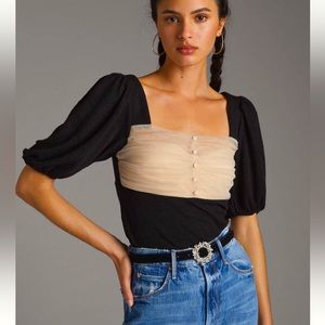 Anthropologie | NWOT Ruched Tulle Blouse Size Large. Black and Beige